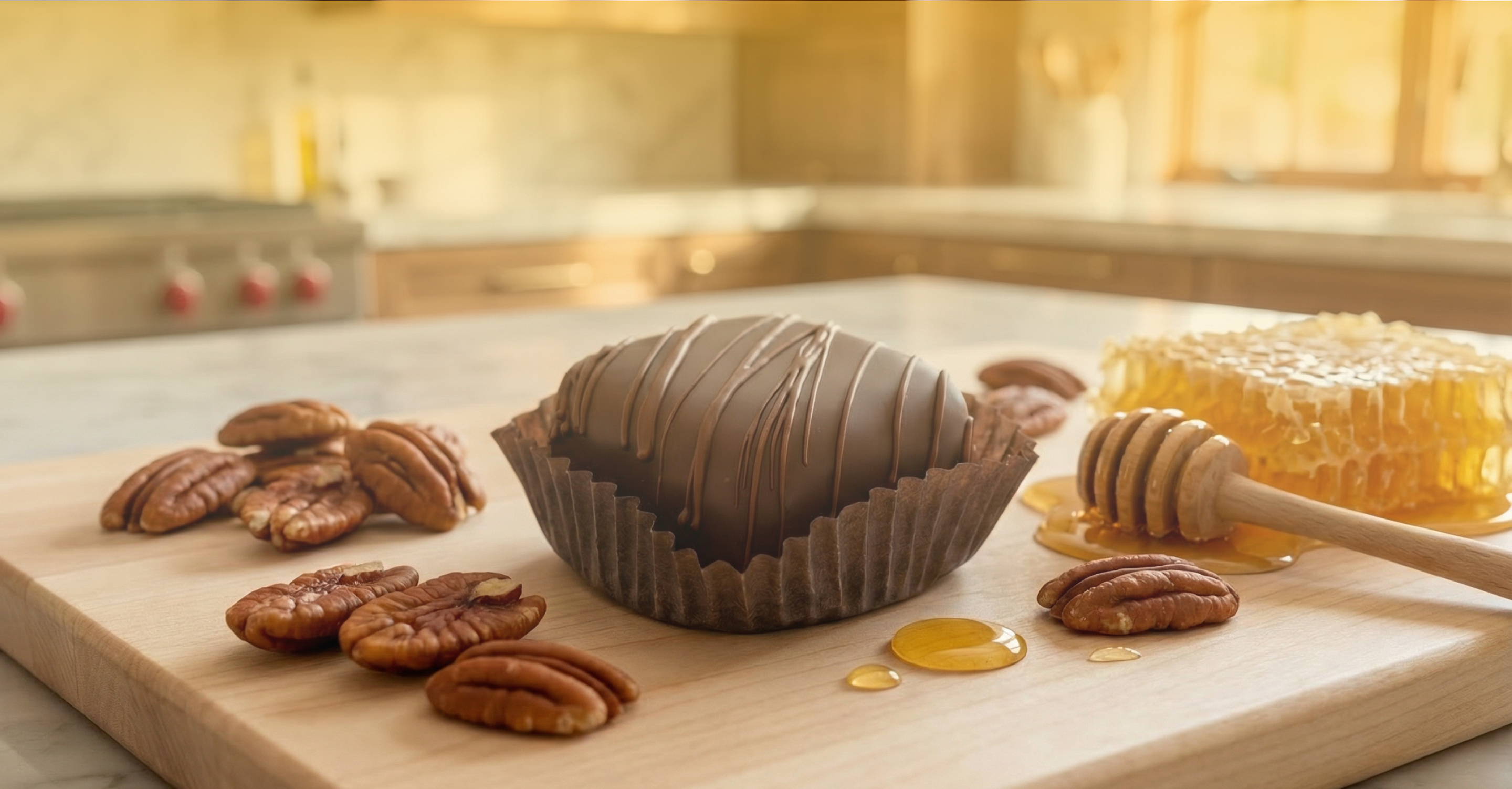 Chocolate cupcake with pecans and honey on a wooden board in a kitchen setting