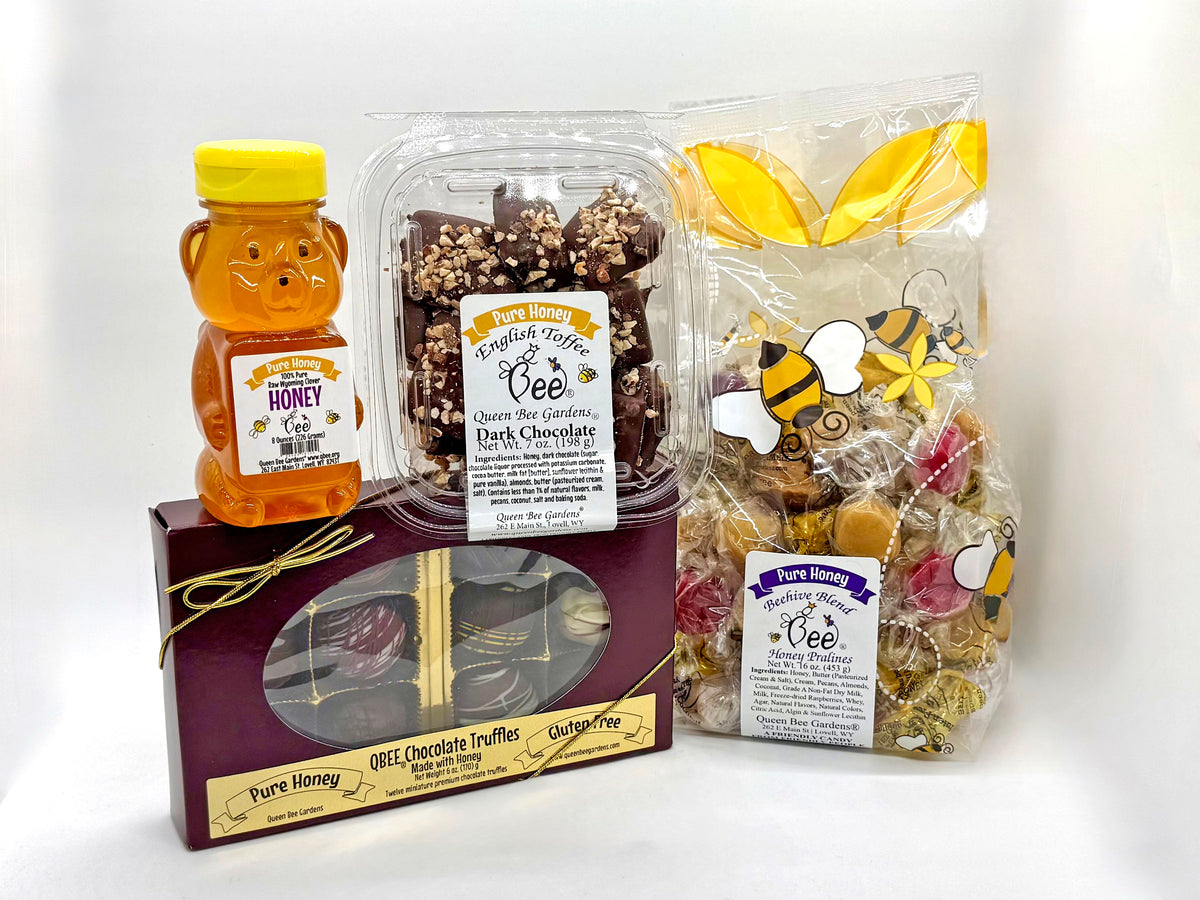 Cyber Monday Gift Box assortment with honey, English toffee, chocolate truffles, and Beehive Blend honey caramels